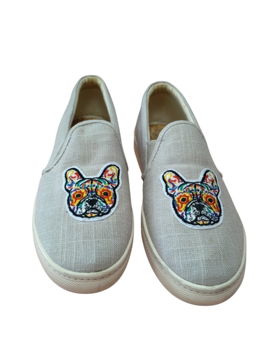 Soludos Frenchie Dog Embroidered Canvas Beige Slip On Sneakers Size 10